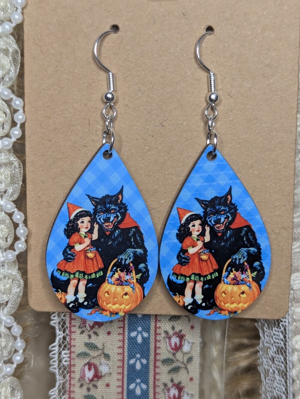 Vintage Halloween Little Red Riding Hood Teardrop Earrings